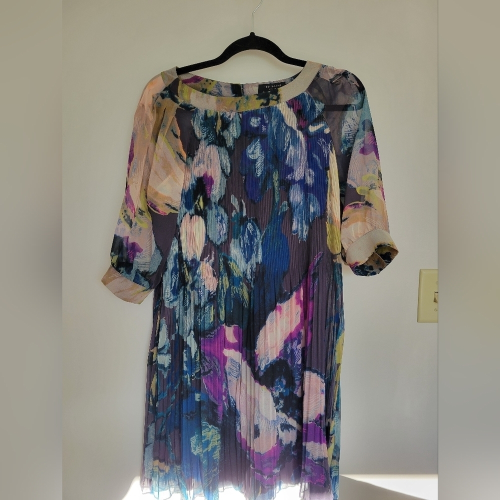 Ted Baker Blue and Purple Sheath Dress with 3/4 Cuffed Sleeves for Cocktail